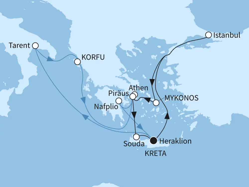 Inselperlen des Mittelmeers mit Athen und Istanbul - ab/bis Heraklion - Routenbild